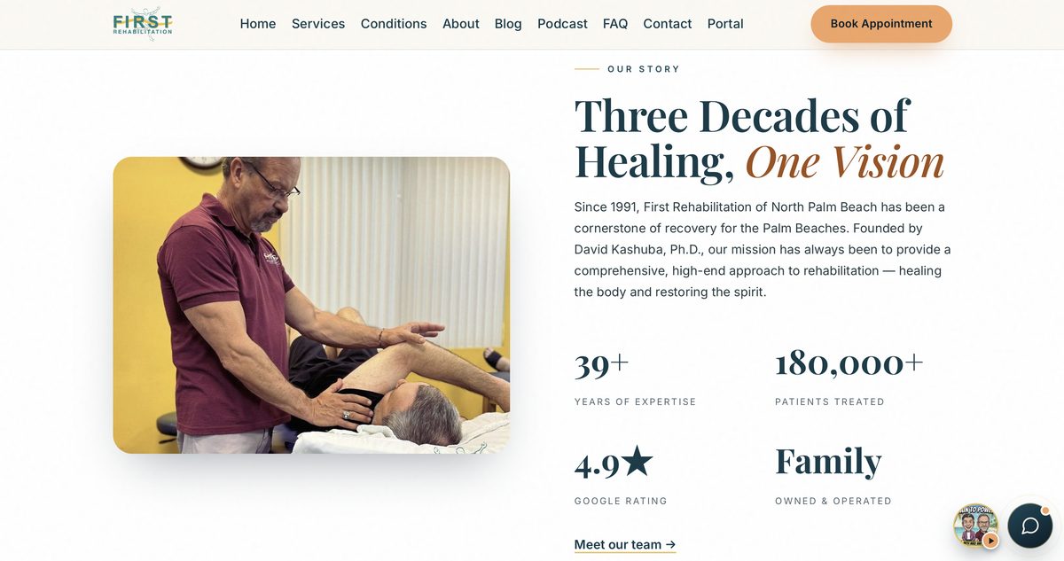 The new Our Story section: a two-column layout pairing the clinic's history with its credentials