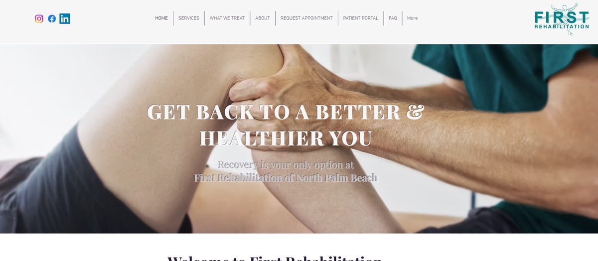 First Rehabilitation of North Palm Beach, the previous site: a template hero with a generic serif headline