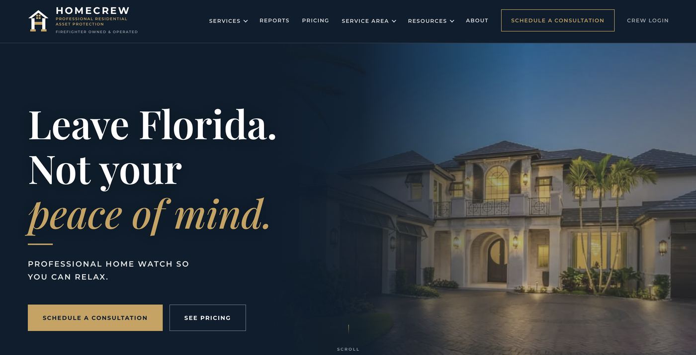 HomeCrew, a residential home-watch site: dark hero with the service list and a booking call to action