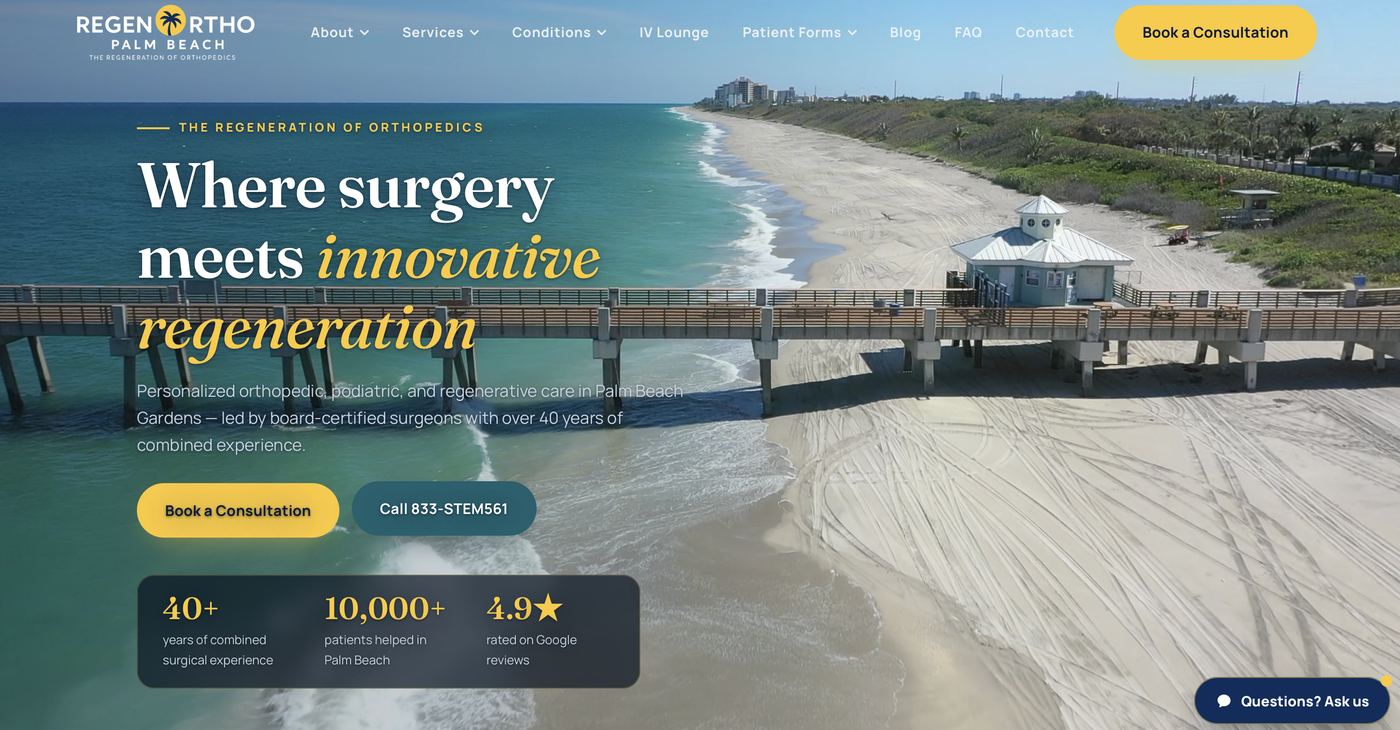 RegenOrtho Palm Beach, the rebuilt site: a clear editorial hero with booking in the first screen
