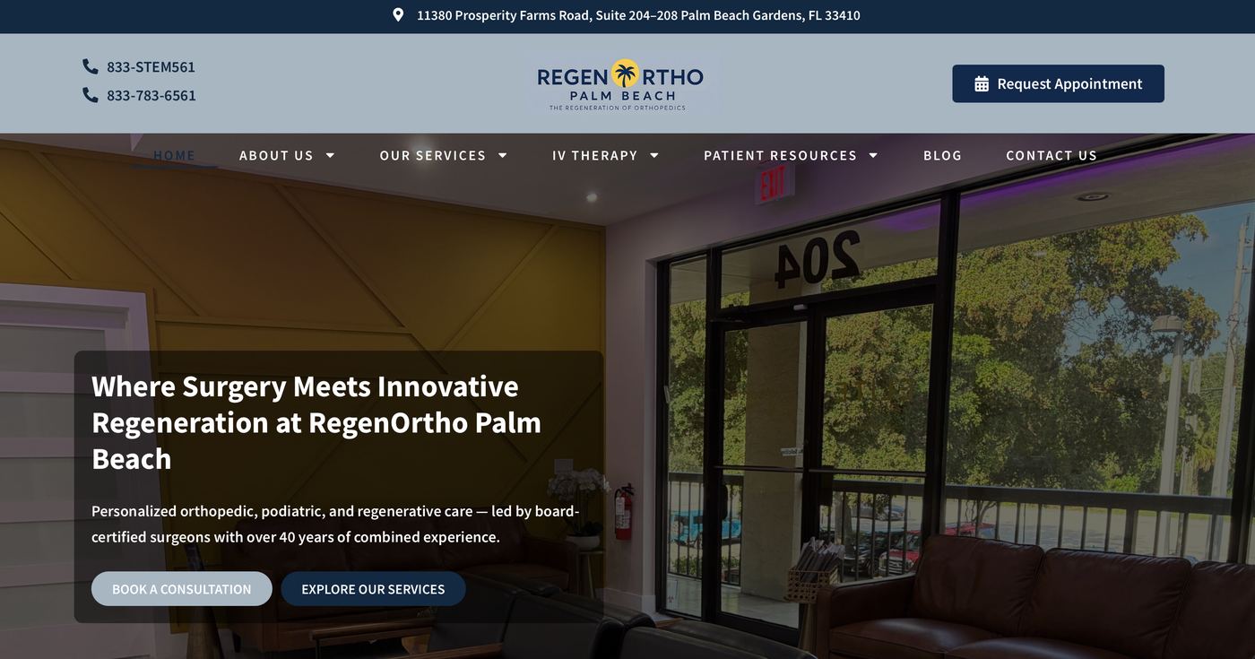 RegenOrtho Palm Beach, the previous site: dense navy layout with small type and stock imagery